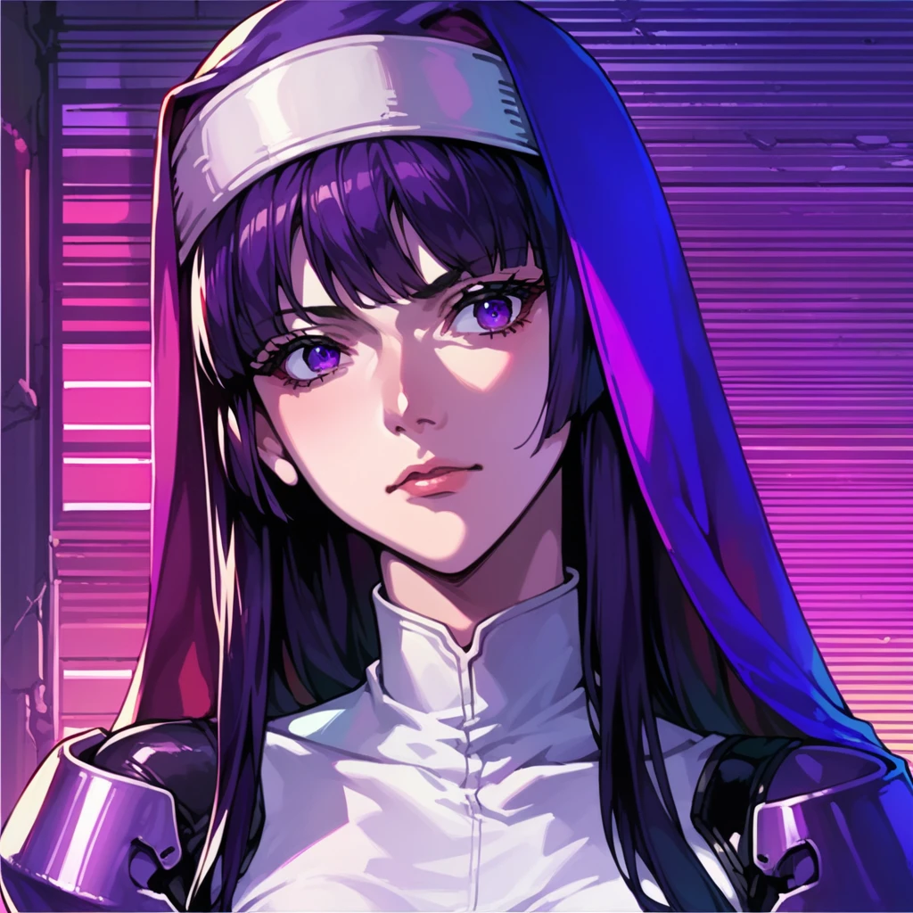 score_9, score_8_up, score_7_up,  <lora:k4m0r1:1> k4m0r1,1girl,purple bodysuit,habit,purple eyes, portrait,source_anime,      <lora:RetroWave_PonyXL:1> retrowave