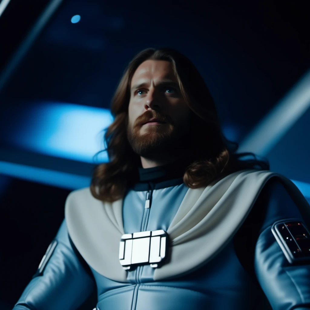 cinematic film still a full body man with long hair and a beard in a space suit with a cape, in a spaceship <lora:Ulysse31-1024_r1:0.8> . shallow depth of field, vignette, highly detailed, high budget, bokeh, cinemascope, moody, epic, gorgeous, film grain, grainy