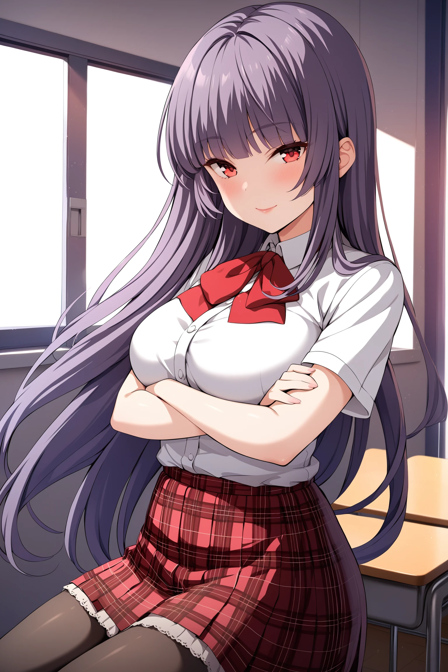 (masterpiece, best quality, very aesthetic, ultra detailed), intricate details, highly detailed background, perfect lightingbest quality, kagurazakasaya, solo, indoors, classroom, purple hair, blunt bangs, very long hair, red eyes, medium breasts, red bowtie, white shirt, short sleeves, crossed arms, red skirt, plaid skirt, black pantyhose, school uniform, smile, closed mouth, pink lips, <lora:Kagurazaka-Saya:0.7>