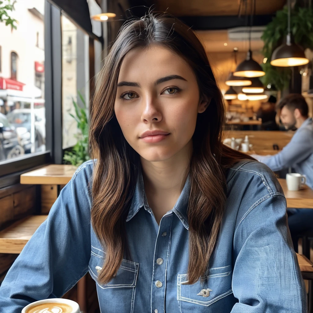 Hyperrealistic art photo of a woman, m4d1s0n, wearing a casual outfit, at a cafe, looking at camera,  <lora:mad91:.7> . Extremely high-resolution details, photographic, realism pushed to extreme, fine texture, incredibly lifelike