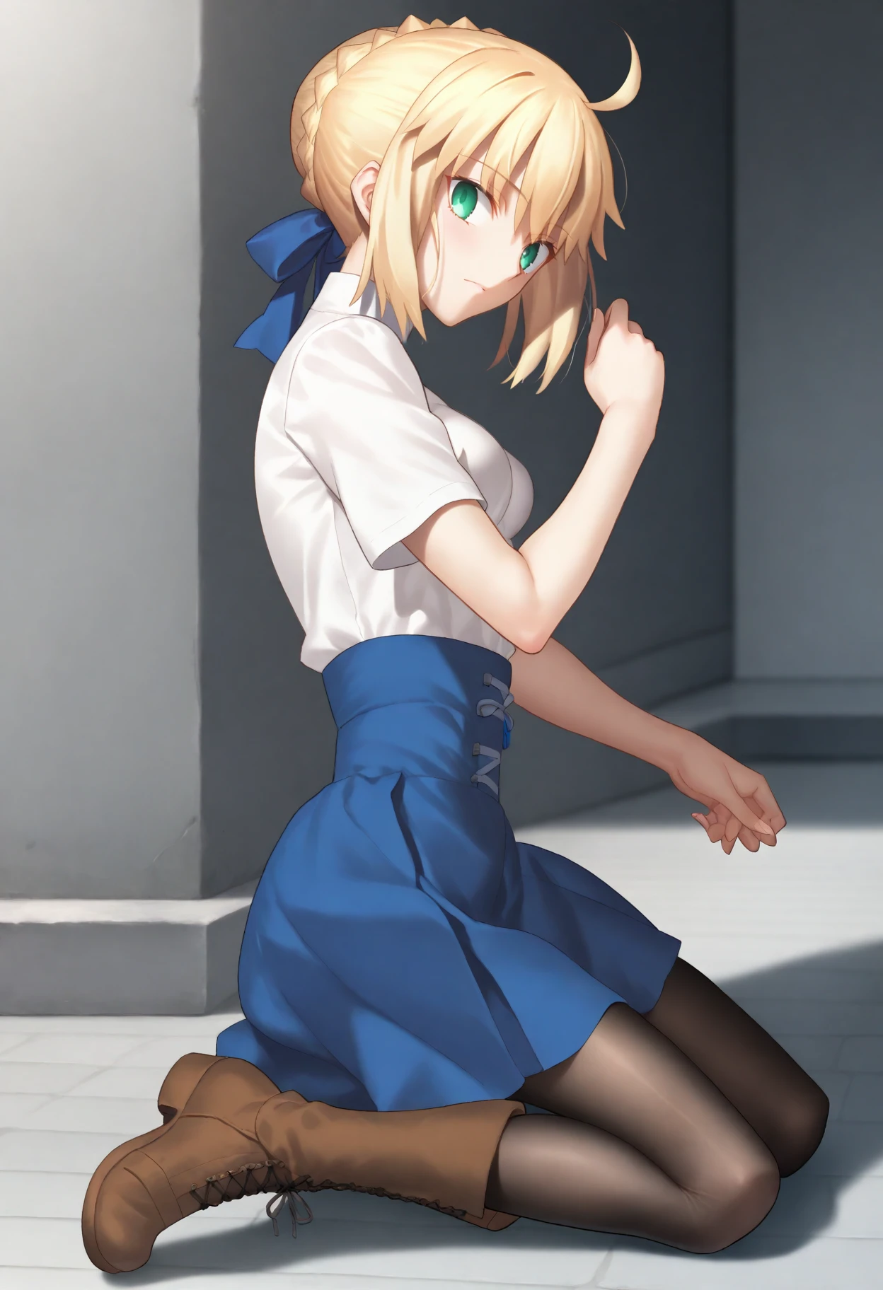 score_9,artoria pendragon \(fate\),saber,1girl,solo,medium breasts,looking at viewer,blonde hair,green eyes,ahoge,french braid,white shirt,shirt tucked in,blue ribbon,blue skirt,pantyhose,brown boots,<lora:takeuchi takashi style locon 36epo>,kneeling,from side,