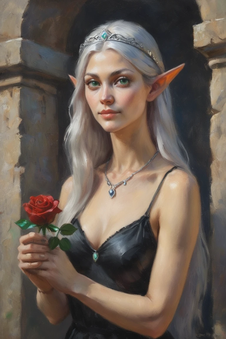 masterpiece, best quality, hi res, newest, oil painting, traditional media, realistic, 1girl, solo, elf, pointy ears, breasts, long hair, very long hair, white hair, green eyes, portrait, looking at viewer, black dress, tiara, silver tiara, holding, holding flower, rose, red rose, necklace, jewelry, three-quarter portrait, standing, outdoors, castle <lora:Impressionism Oil Painting Style LoRA_SeaArt Furry XL 1.0:0.7>