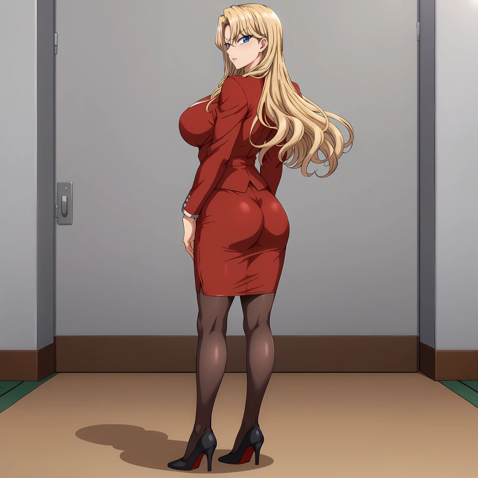 <lora:ReikaKurashikiXLpony001>,
solo,
ReikaKurashiki,1girl,blonde hair,long hair,blue eyes,
large breasts,
red jacket,
red skirt,
pantyhose,high_heels,
full body,standing,looking back,