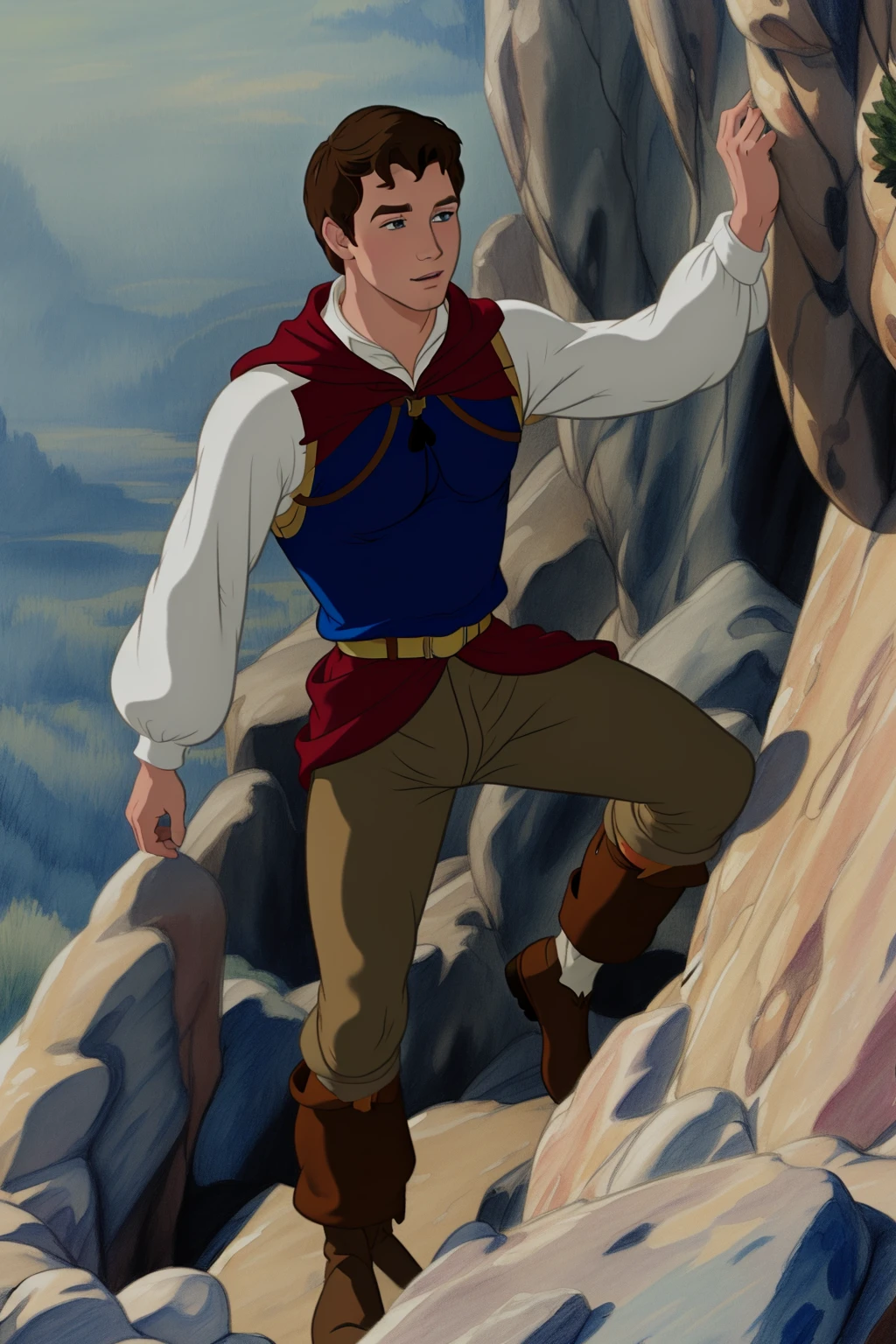 <lora:Prince_F-V5-Anything:0.9> pr1nc3_fl0,(disney style drawing),1boy, man,brown hair, looking at viewer<lora:DisneyRenV2:-0.00> , action, rock climbing
disneyrenaissance style