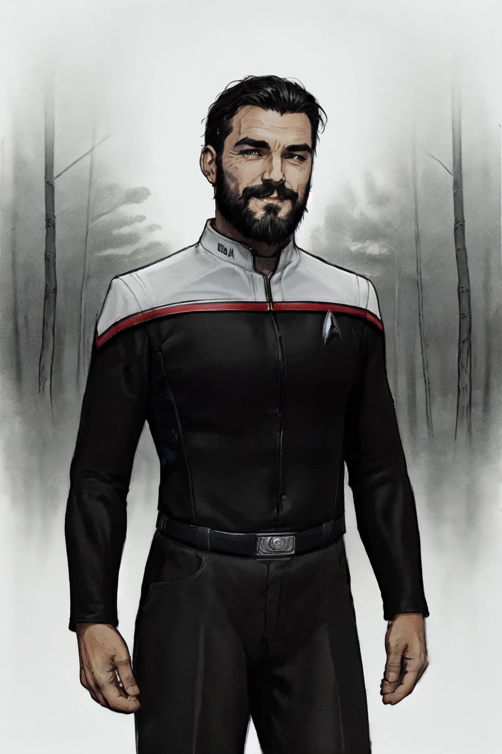 mature male, solo,beard, long hair, smile, black hair,wearing (Stoddunf uniform with black uniform chest and white uniform shoulders and black long sleeves:1.3)<lora:OdysseyUnf:0.8>, forest, poor lighting, night, darkness, portrait, sci fi