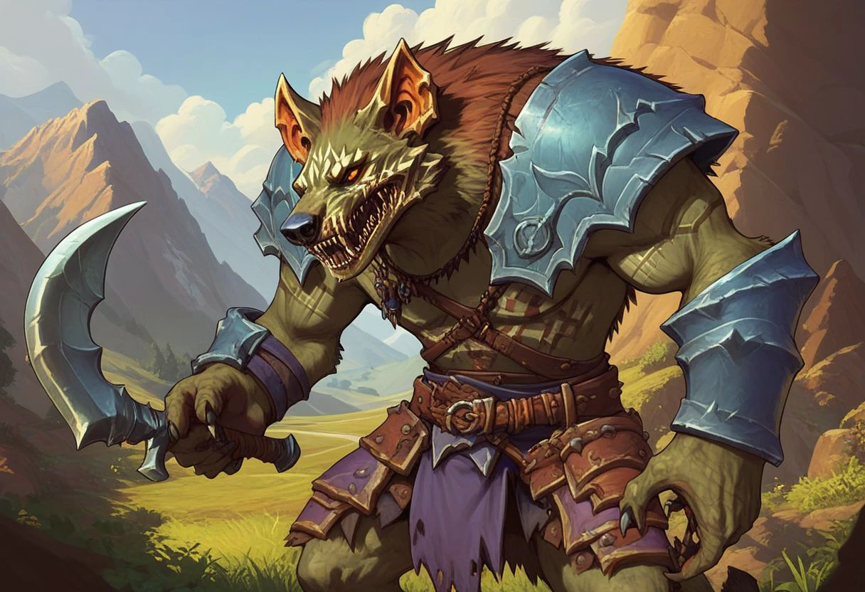 mnstrstyle, score_9, score_8_up, score_7_up, score_6_up, gnoll, partial armor, holding scimitar in hand, mountains on background