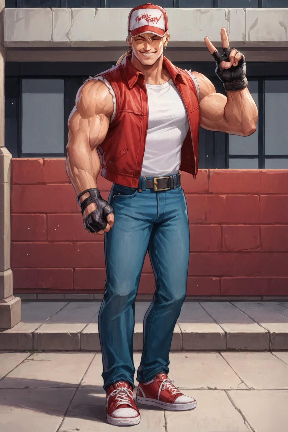 (source_anime, score_9, score_8_up, score_7_up:1), red trucker cap, red vest, white sleeveless t-shirt, blond ponytail, denim pants, red sneakers, belt, fingerless gloves, ((muscular male)), medium shot, V sign, one eye closed, smiling,(( at Chinatown )),score_9,TerryBogard<lora:EMS-353415-EMS:0.900000>, <lora:EMS-353561-EMS:0.800000>