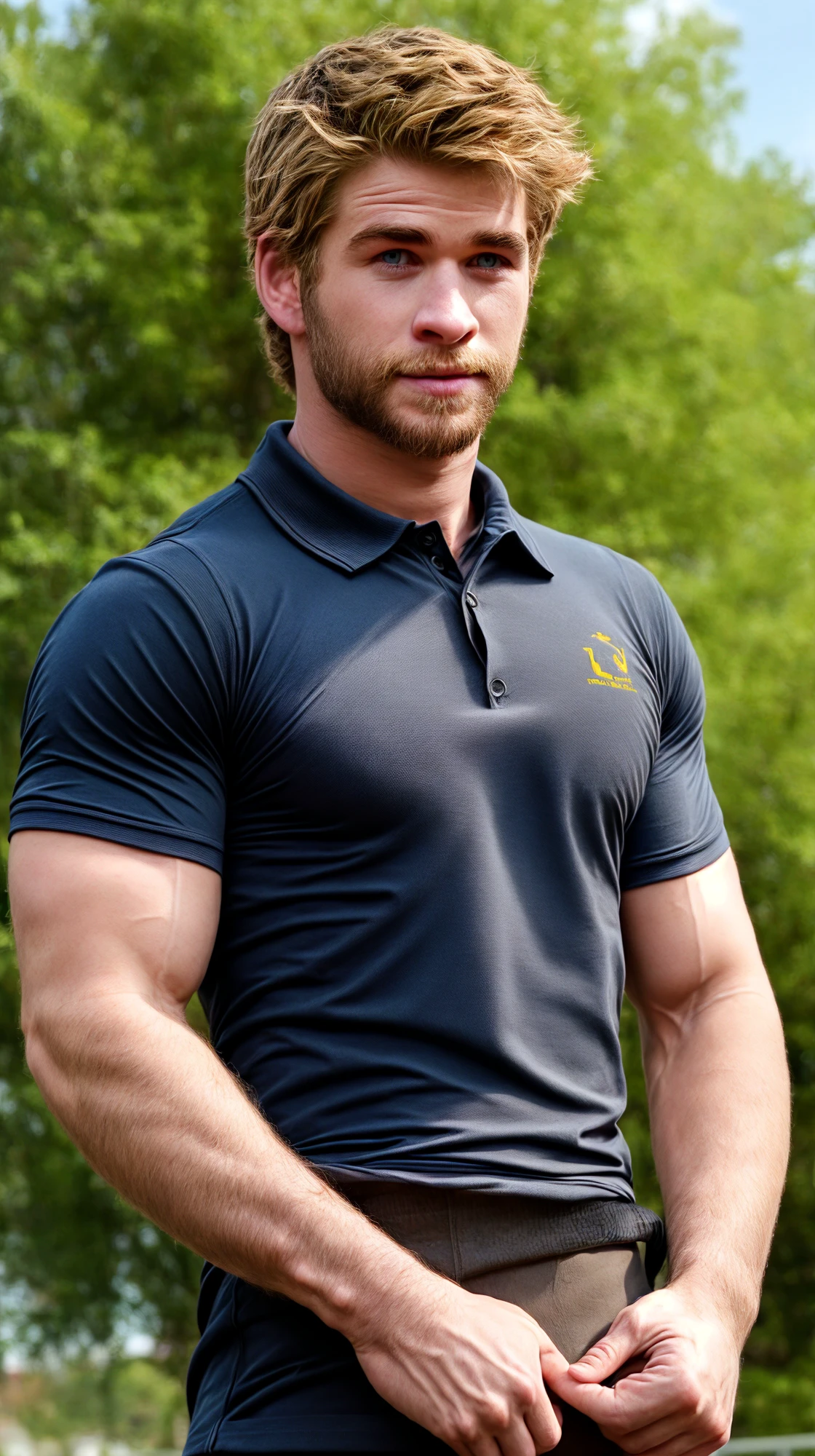 (face focus). (close up shot:0.9), (masculine:1.3), (large strong physique:1.3) (large pecs:1.2), at outdoor sunny park, (muscular man wearing tight polo shirt top:1.3), sexy pose:1.0, styled hair, confident, handsome, (((masterpiece))), (((best quality))), <lora:more_details:1.1>, (hands on waist), male, athletic, looking at viewer, (short hair), lower color saturation:1, lower contract color:1,<lora:LiamHemsworth (1):1>, LiamHemsworth