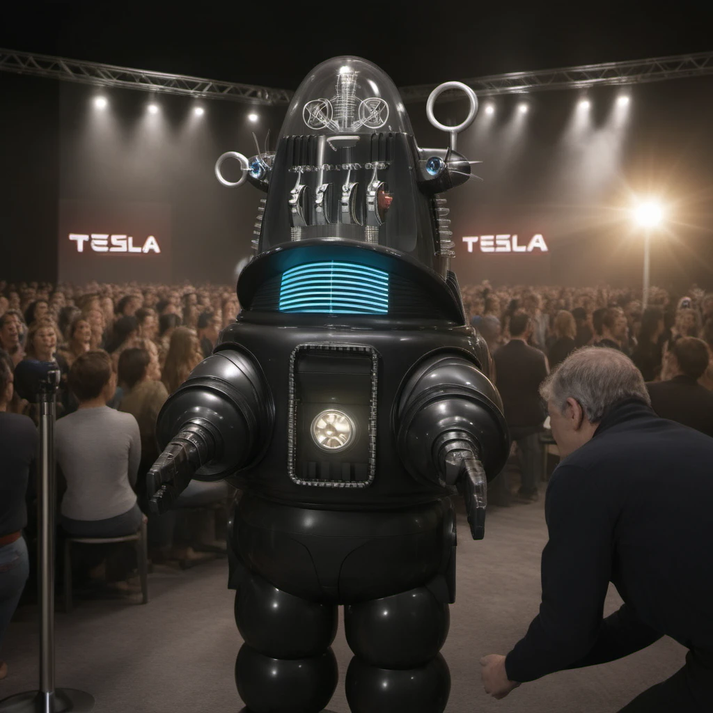 cinematic photo a robot is hosting a conference in front of a crowd, holds a microphone, text ''TESLA'', tesla logo<lora:Robby1024:0.7>  . 35mm photograph, film, bokeh, professional, 4k, highly detailed