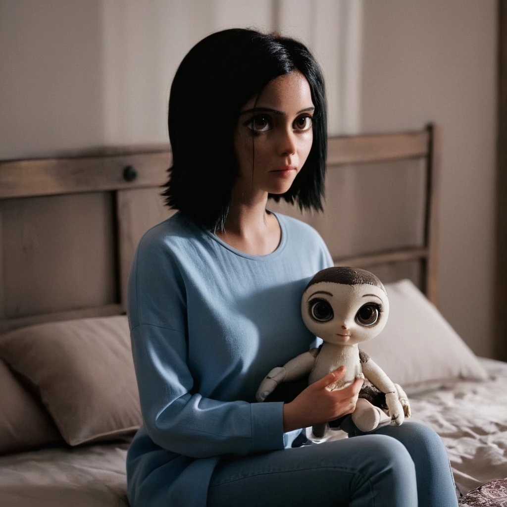 cinematic film still of  <lora:perfection style:0.9>
 <lora:Alita:1>
In futuristic 2563 Alita Ganmu a woman holding a stuffed animal in a bedroom,1girl,solo,long hair,shirt,black hair,sitting,indoors,pillow,doll,joints,mechanical arms,mushroom,detailed,real,different,unique,cinematic,dramatic,concept art,filmic,Battle Angel style , big eyes, shallow depth of field, vignette, highly detailed, high budget, bokeh, cinemascope, moody, epic, gorgeous, film grain, grainy