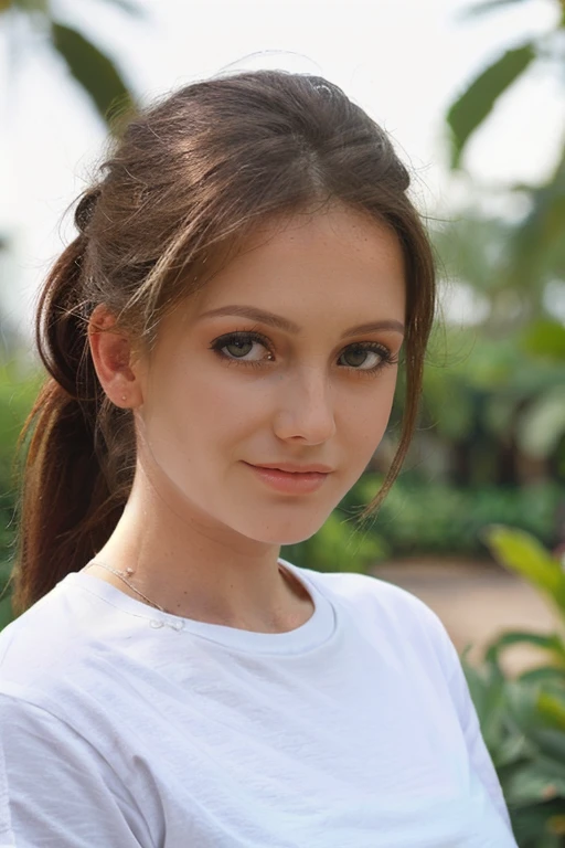 folded ponytail a breathtaking photo of  <lora:SandraShine_V1:1>, wearing a (white t-shirt:1), in a tropical garden, (4k, RAW photo, best quality, 50mm, depth of field, ultra high res),(intricate, photorealistic, masterpiece) closeup portrait, dutch angle, looking at viewer