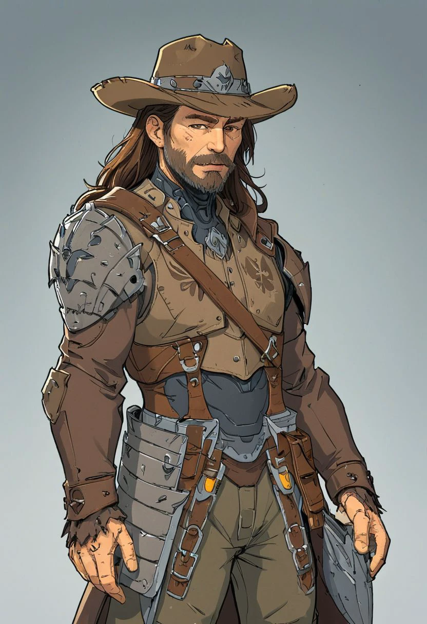 score_9, score_8_up, score_7_up, rating_safe, flat color, 1boy, villain, 45 years old, brown hair, long beard, cowboy hat, tattered survivor clothes, plate armor,