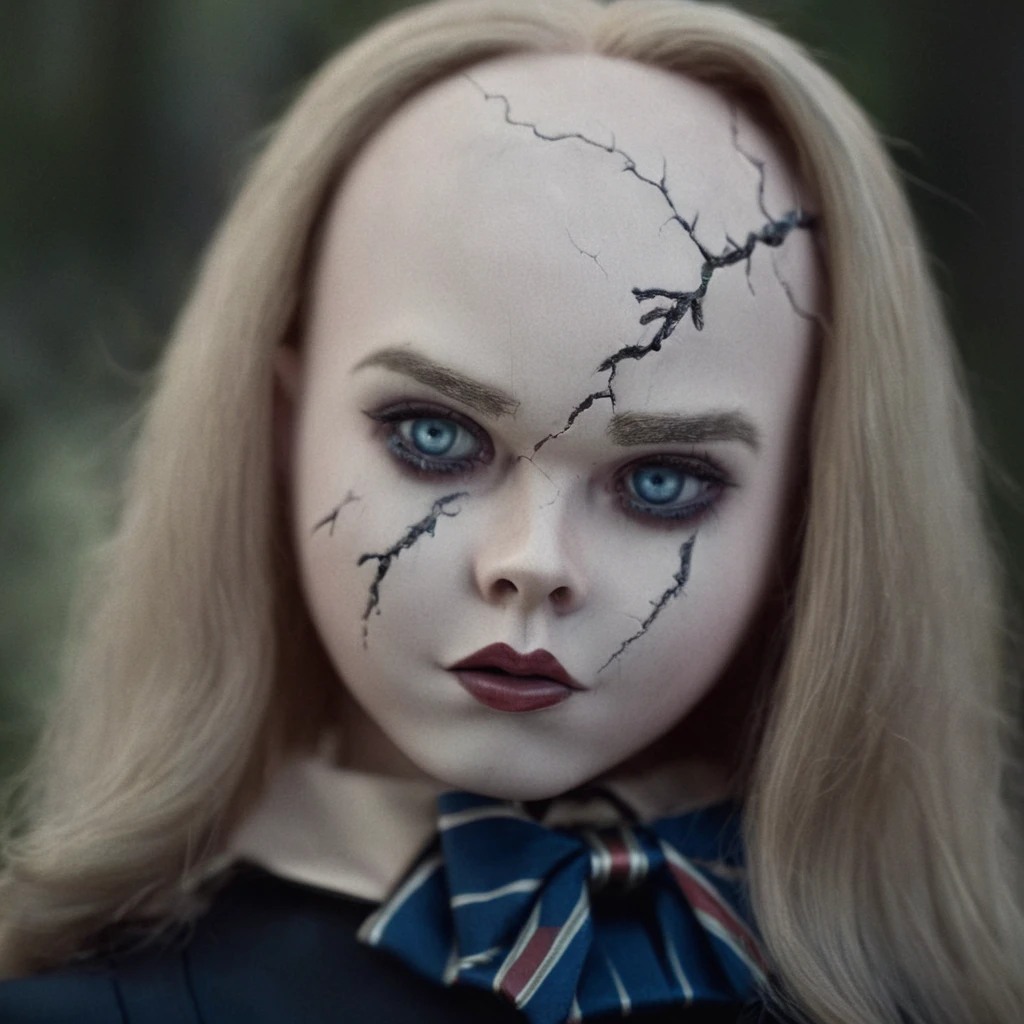 cinematic film still of  <lora:M3GAN:1>
M3GAN a bald woman with a bow tie and a face paint,sinister,villain,cyborg doll,1girl,solo,long hair,blue eyes,blonde hair,ribbon,realistic,cracked skin
, shallow depth of field, vignette, highly detailed, high budget, bokeh, cinemascope, moody, epic, gorgeous, film grain, grainy