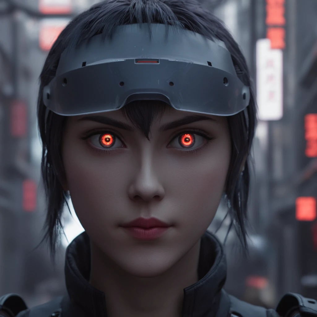 cinematic film still of  <lora:perfection style:0.3> perfection style
 <lora:Unreal Engine style:0.4> Unreal Engine style
 <lora:Ghost in the Shell style:0.8>
In Japanese manga cyberpunk city a android with a red light on his face,solo,looking at viewer,red eyes,grey background,blurry,no humans,glowing,robot,portrait,glowing eyes,science fiction,humanoid robot , detailed, different, real, unique, cinematic, dramatic, concept art, filmic, perfect, high quality, Ghost in the Shell style, Masamune Shirow style, shallow depth of field, vignette, highly detailed, high budget, bokeh, cinemascope, moody, epic, gorgeous, film grain, grainy