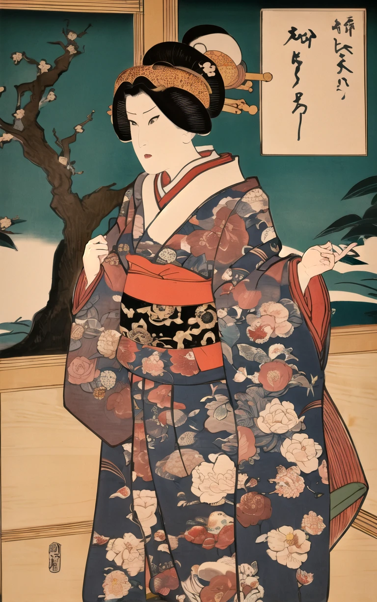 (masterpiece, best quality:1.4), insaneres, absurdres, solo, looking at viewer,BREAK 
LoConARTSTYLE_Kunisada_ownwaifu, www.ownwaifu.com,  
 fine art parody, parody, nihonga, tree, flower, painting \(medium\), indoors,  east asian architecture, 
1girl, solo,  black hair,  japanese clothes, long sleeves, hair ornament,  floral print, wide sleeves, sash, 
<lora:LoConARTSTYLE_Kunisada_ownwaifu:0.8> , depth of field 
,