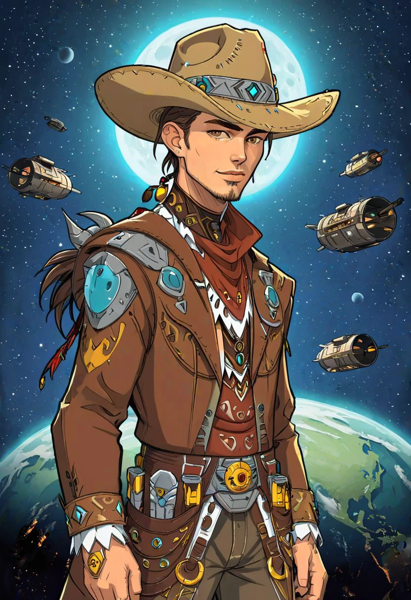 score_9, score_8_up, score_7_up, rating_safe, flat color, 1boy, villain, 25 years old, cowboy hat, brown, neck, tribal clothes, waist-up, planet background, <LoRARimWorld v1.0:1>