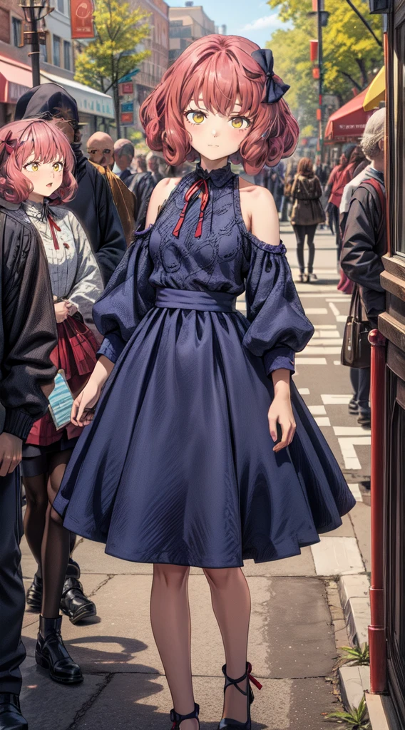 1girl, full body, lou <lora:lou:0.7>, A pink-haired girl in a black dress stands, red long ribbon bow in the neck, yellow eyes, a white blouse with gathered details at the neck and shoulders. It has a red bow tied around the neck, giving it a touch of color and sophistication, dark blue dress or jumper. This one has long and loose fitting sleeves, which gives it a very chic and Moderna look, ,more_details:-1, more_details:0, more_details:0.5, more_details:1, more_details:1.5,lou <lora:lou:0.7> ,<lora:frombellow1:0.8>