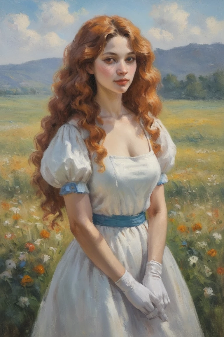 masterpiece, best quality, hi res, newest, oil painting, traditional media, realistic, 1girl, solo, long hair, curly hair, wavy hair, orange hair, orange eyes, looking at viewer, breasts, dress, white dress, puffy sleeves, puffy short sleeves, short sleeves, gloves, elbow gloves, white gloves, three-quarter portrait, closed mouth, standing, outdoors, field, flower, grass, plant, sky <lora:Impressionism Oil Painting Style LoRA_SeaArt Furry XL 1.0:0.7>