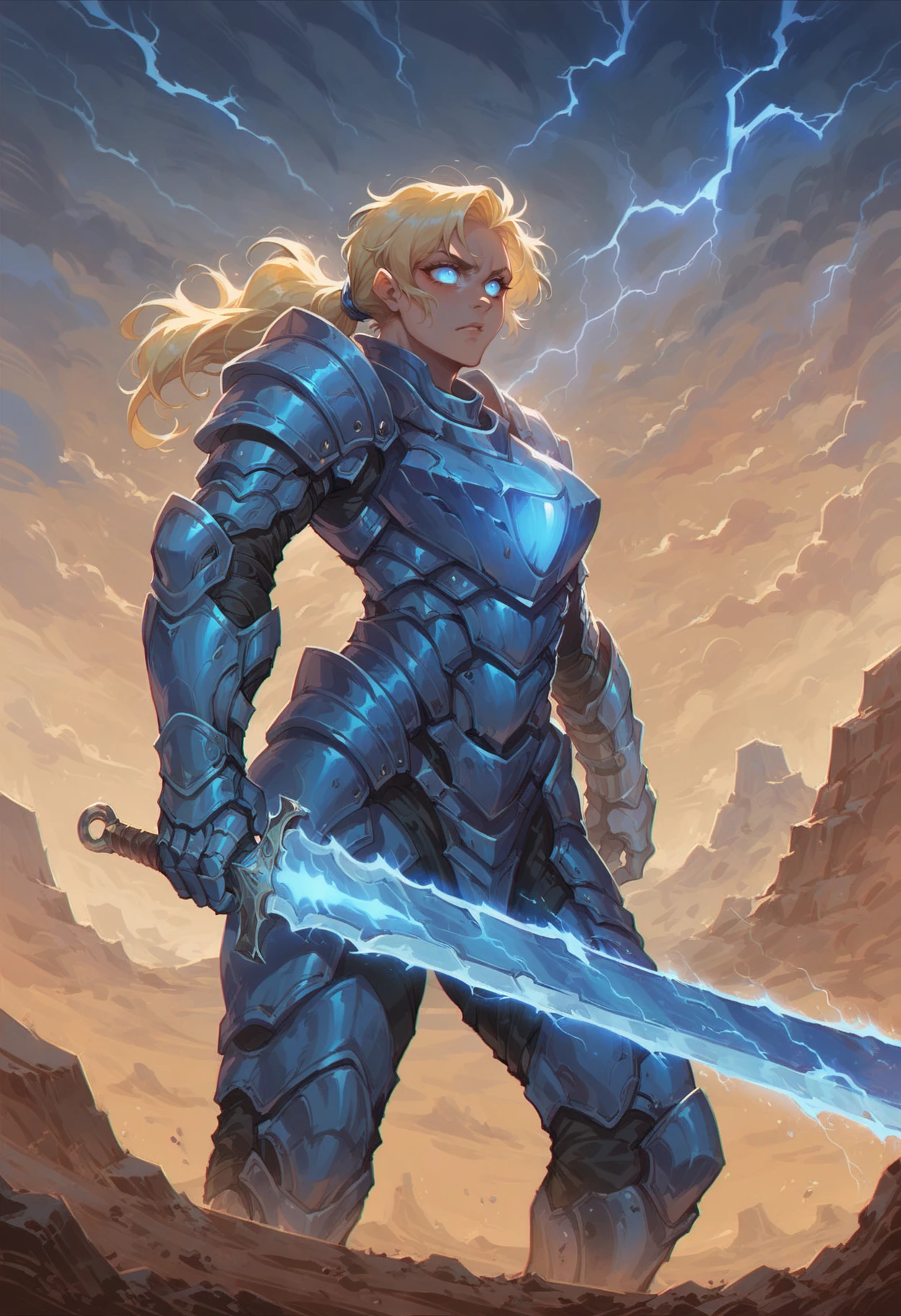 (score_9_up, score_8_up:1.2), score_7_up, 1girl, long blonde hair, shardblade, shardplate, glowing blue sword, sword, (glowing blue armor), glowing blue light, desert, storm, blue lightning, <lora:Shardplate__Shardblade:0.6>, <lora:aesthetic:4>, <lora:great_lighting:4>, <lora:RMSDXL_Enhance:2>, <lora:RMSDXL_Creative:1>, <lora:xl_more_art-full_v1:0.5>