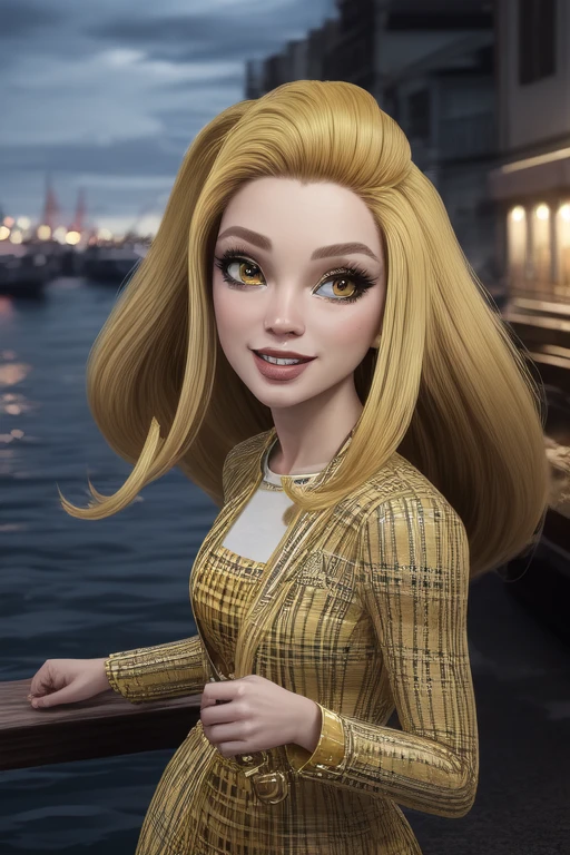 Sheryl_Meyer_RHPCH, yellow hair, yellow eyes, yellow eyeshadow, alternate outfit, harbor in background, simple coastal background, looking to the side