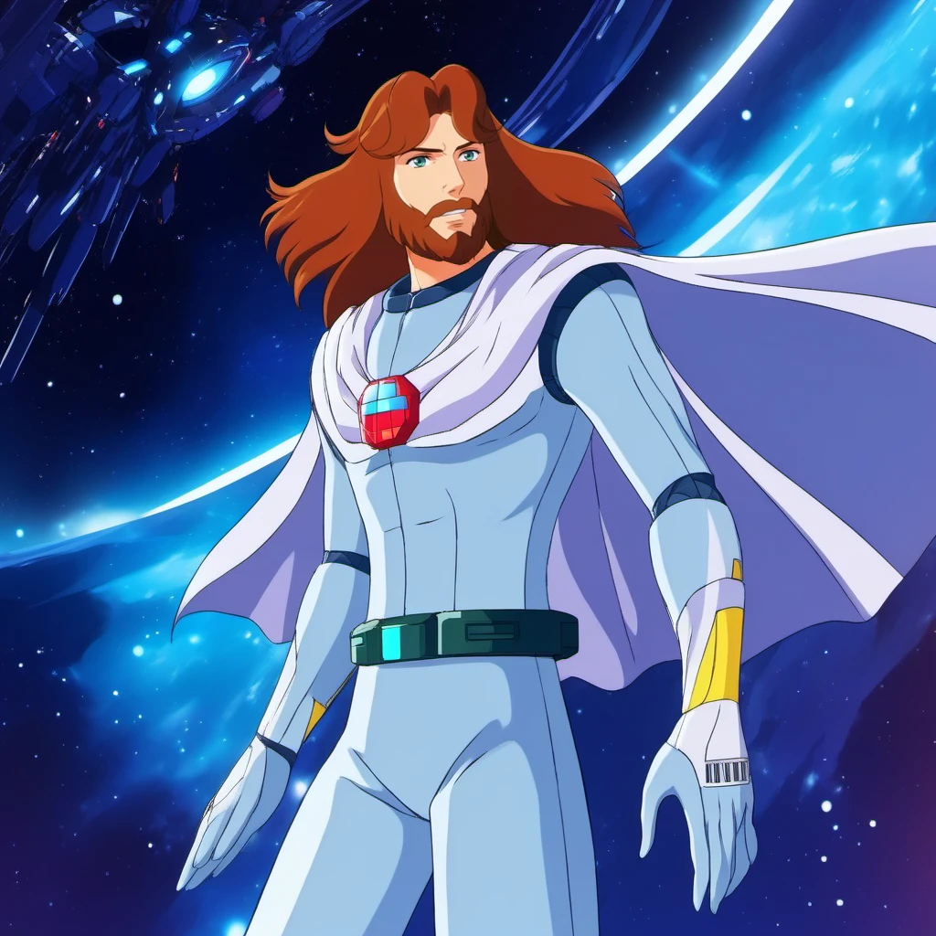 anime artwork a full body man with long hair and a beard in a silver space suit with a cape, in a spaceship <lora:Ulysse31-1024_r1:0.8> . anime style, key visual, vibrant, studio anime,  highly detailed