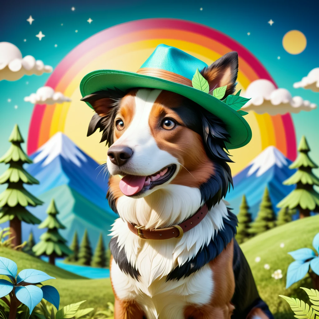 Retro-futuristic style with a blend of vintage aesthetics and futuristic elements, Border collie wearing hat, 2D papercraft nature scene background, retro-futuristic, vintage aesthetics, futuristic elements, nostalgic, space age, optimistic, sleek, retro,Border collie wearing hat, 2D papercraft nature scene background