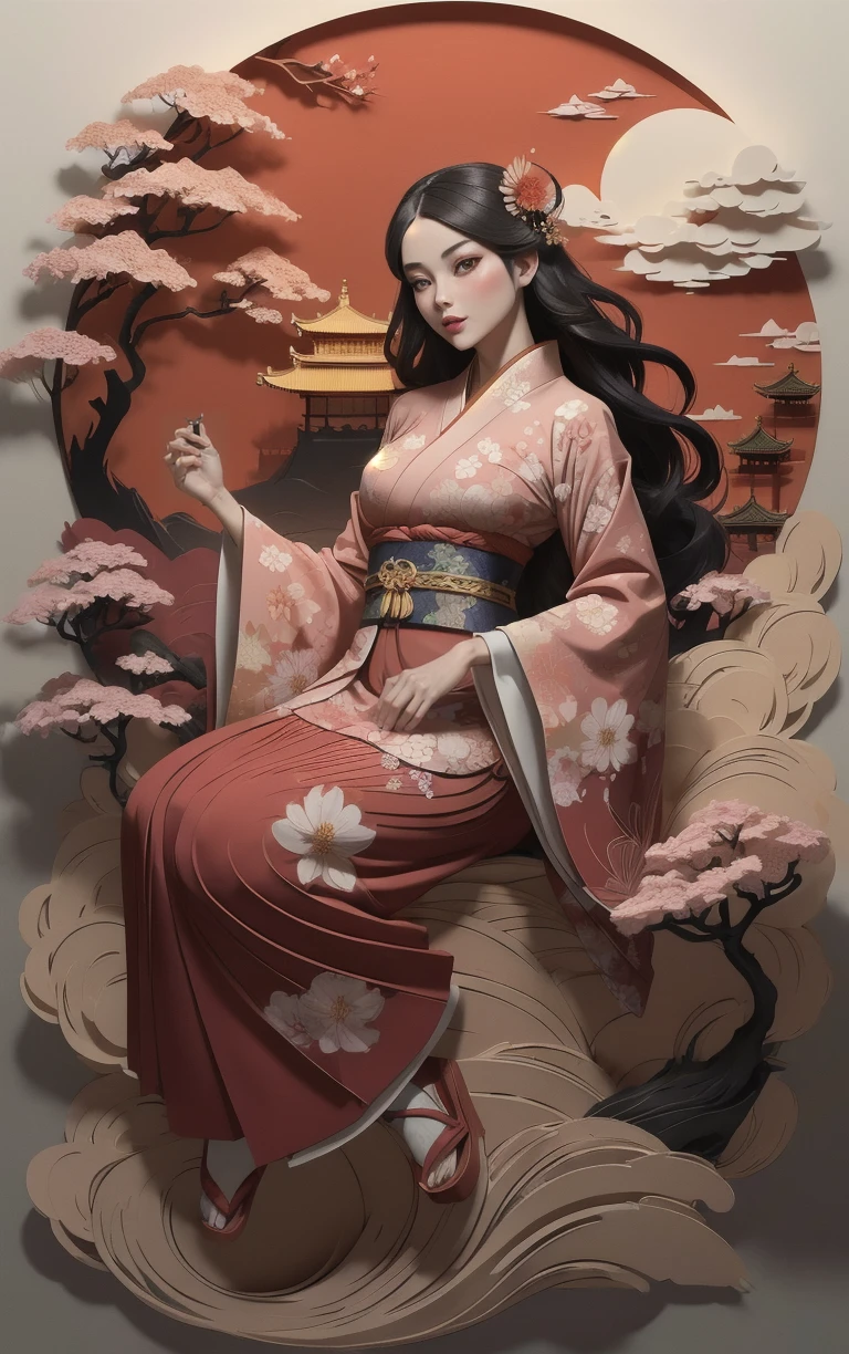 (masterpiece, best quality:1.4), insaneres, absurdres, solo, looking at viewer,BREAK 
LoConARTSTYLE_Paper_Kirigami_ownwaifu, art_nouveau, kirigami, fine art, 
1girl, solo, flower, tree, long hair, black hair, hair ornament, dress, cherry blossoms,  long sleeves, japanese clothes, chinese clothes, full body, wide sleeves, (moon), cloud, waterfall, east asian architecture, 
<lora:LoConARTSTYLE_Paper_Kirigami_ownwaifu:0.65>
,