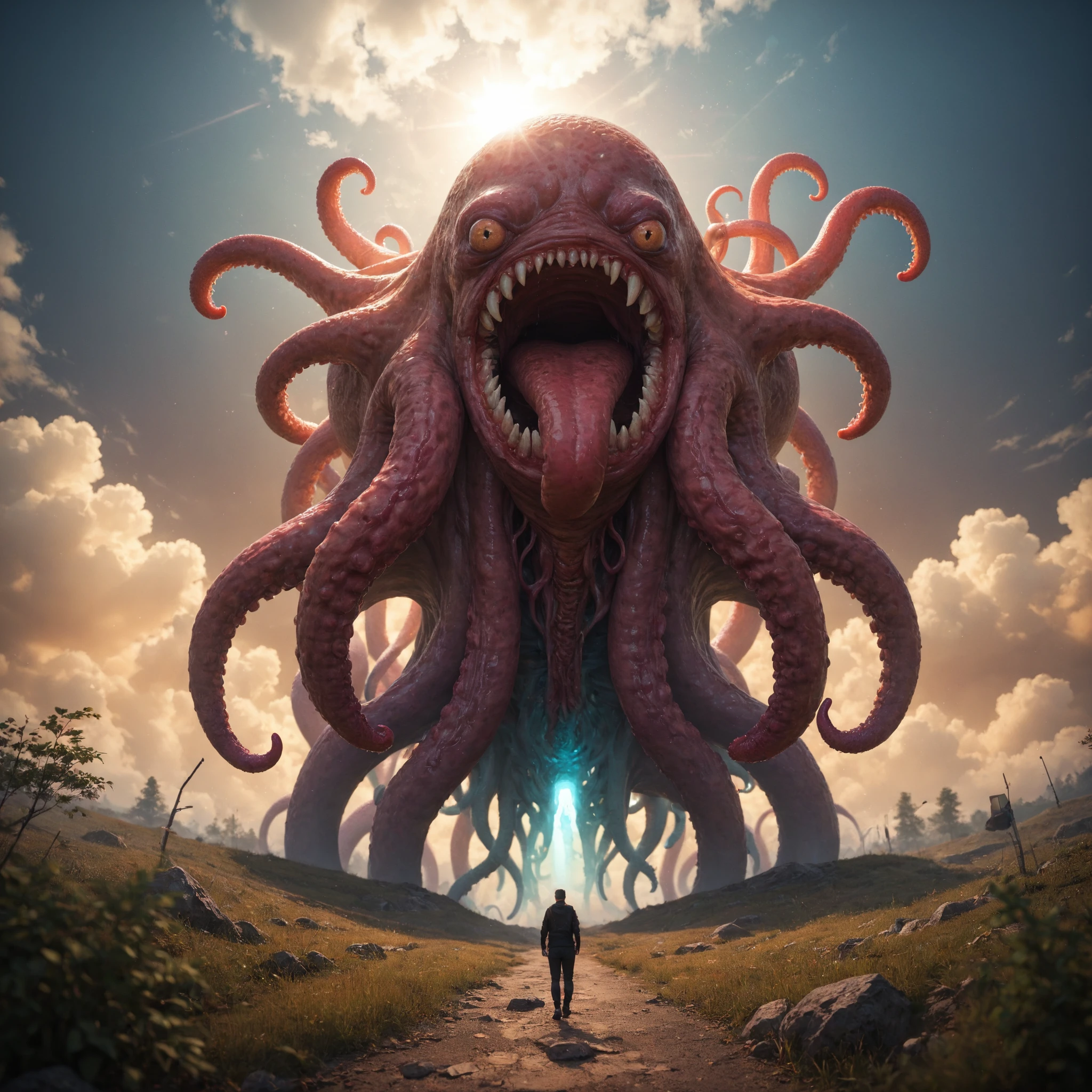 arafed image of a man standing in front of a giant octopus, cthulhu rising from the ocean, gigantic cthulhu, giant cthulhu, photo of cthulhu, cthulhu squid, dan mumford tom bagshaw, dan mumford. octane render, call of cthulhu, dan mumford. concept art, leviathan cthulhu squid, cthulhu, inspired by lovecraft, lovecraftian horror