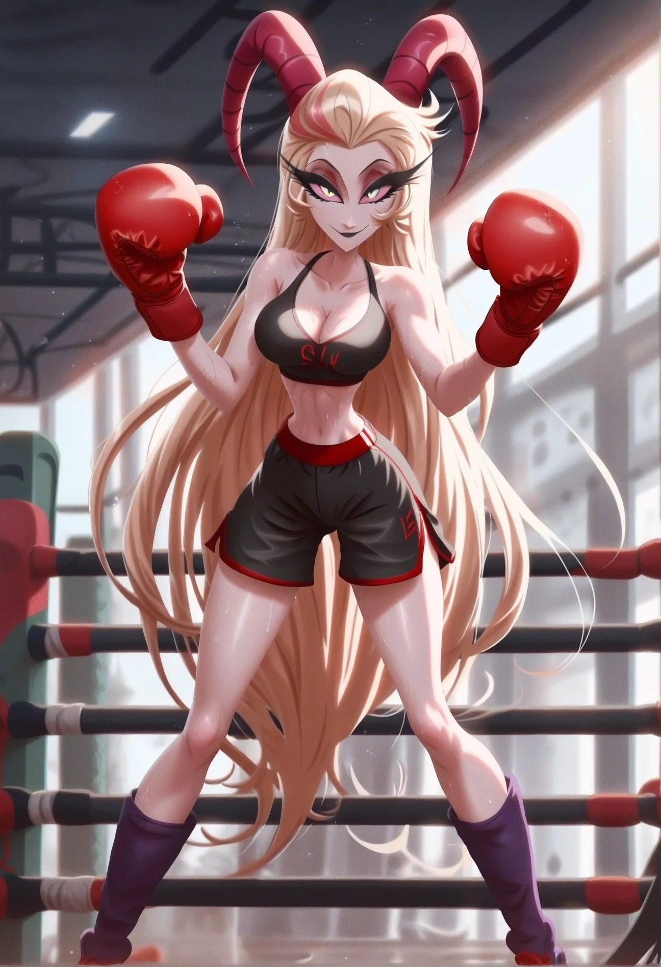 1girl, <lora:lilith_hazbin_hotel_ponyxl_v2:1>, lilith, solo, looking at viewer, full body, boxing gloves, smile, closed mouth, shorts, black sports bra, purple boots, white background, midriff, cleavage, hands up, standing, legs apart, gym shorts, sportswear, black shorts, red shorts, demon horns, pink horns, yellow eyes, pink sclera, sweat,
BREAK
score_9, score_8_up, score_7_up, score_6_up, film grain, (high quality, detailed, beautiful), shiny, detailed beautiful eyes, outstanding, countershading, detailed soft lighting