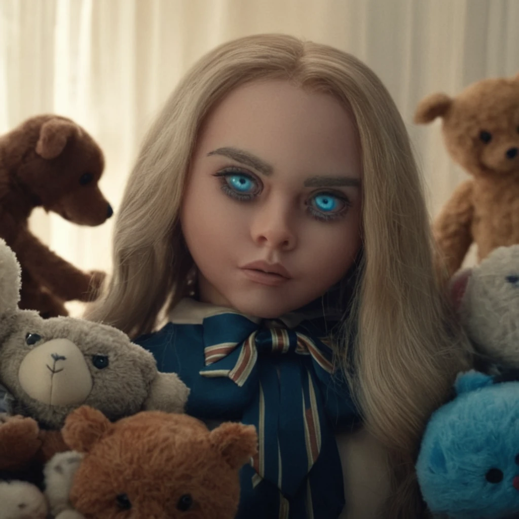 cinematic film still of  <lora:M3GAN:1>
M3GAN a woman with blue eyes is surrounded by stuffed animals,sinister,villain,cyborg doll,1girl,solo,long hair,looking at viewer,blue eyes,blonde hair,bow,lips,portrait,realistic, shallow depth of field, vignette, highly detailed, high budget, bokeh, cinemascope, moody, epic, gorgeous, film grain, grainy