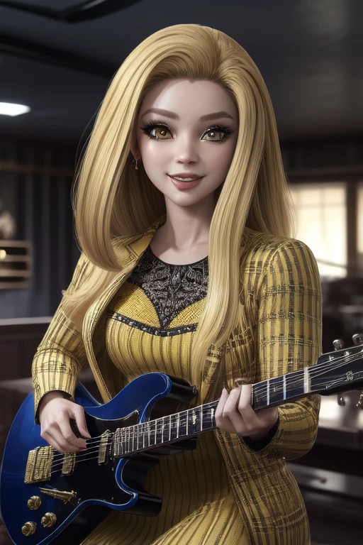 Sheryl_Meyer_RHPCH, yellow hair, yellow eyes, yellow eyeshadow, alternate outfit, music room, electric guitar, ((you're ready to dance partner)), simple background, looking at viewer