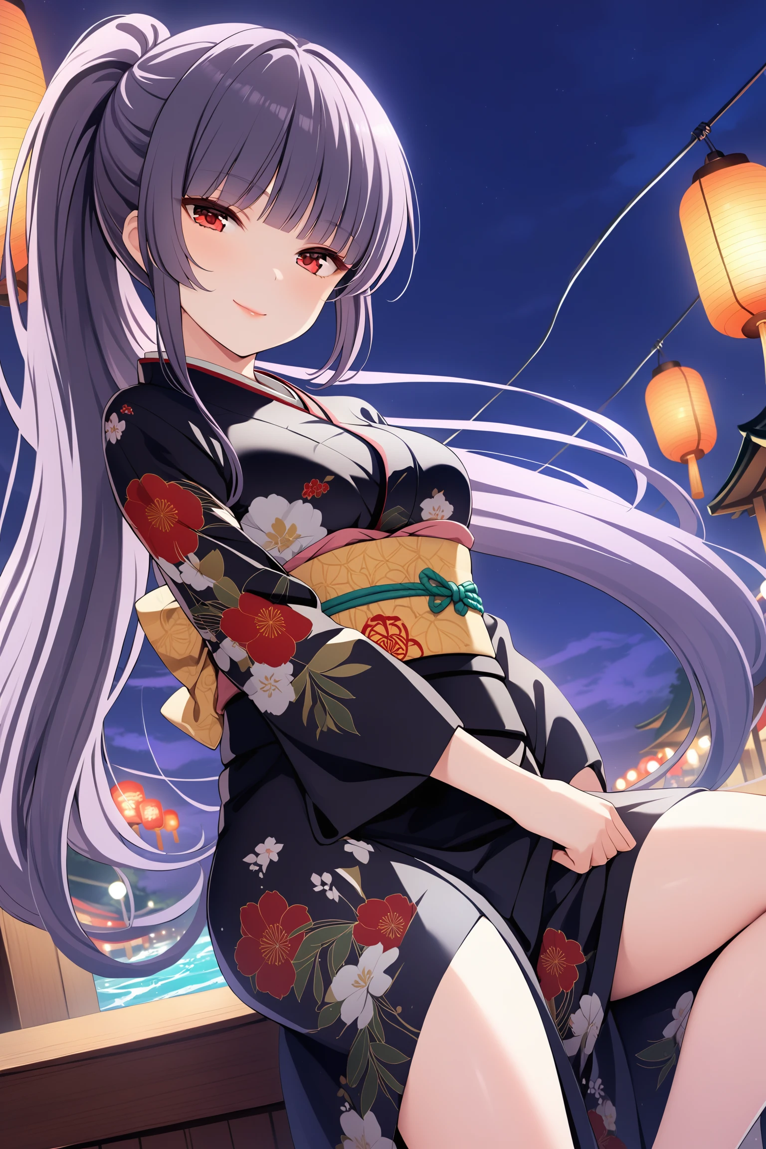 (masterpiece, best quality, very aesthetic, ultra detailed), intricate details, highly detailed background, perfect lightingbest quality, kagurazakasaya, solo, outdoors, ocean, night, summer festival, purple hair, ponytail, blunt bangs, very long hair, red eyes, medium breasts, black kimono, floral print, japanese clothes, smile, closed mouth, pink lips, <lora:Kagurazaka-Saya:0.7>