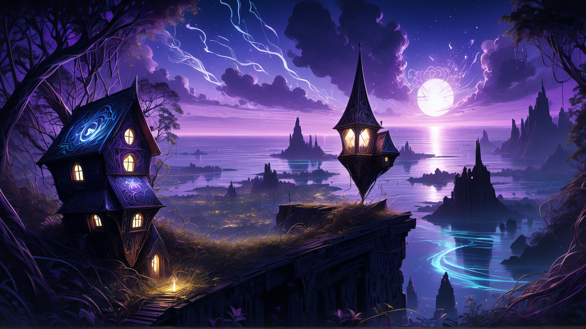 CyberLight, illustration, art by Magali Villeneuve, Glow In The Dark, Absurd electric purple (Latvia:1.2) in the distance there is a Birdhouse, at Nighttime, Polynesian art, poetic simplicity, dynamic and expressive illustrations, fantasy art, magic the gathering, dark colors, highly detailed, moody, digital art, intricate details