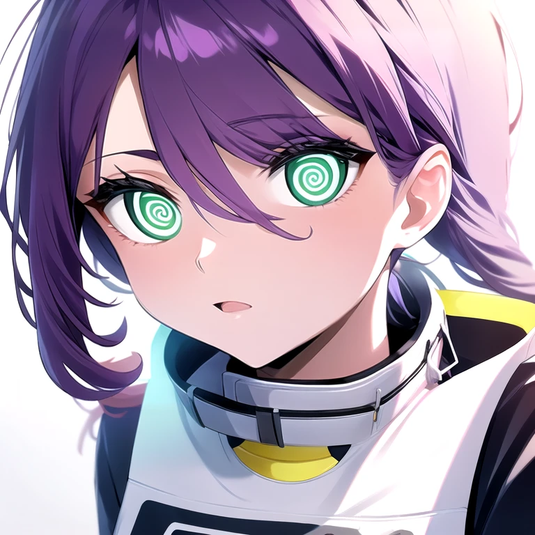 (score_9,score_8_up,score_7_up,score_6_up,source_anime,best best quality,perfect face,bright pupils,(finely detailed beautiful eyes),),1girl,girl,solo,teenager,purple hair,green eyes,small_breasts,<lora:1739191204076771576:0.7>,Spinning eyes,rolling eyes,glowing eyes,whirling eyes,