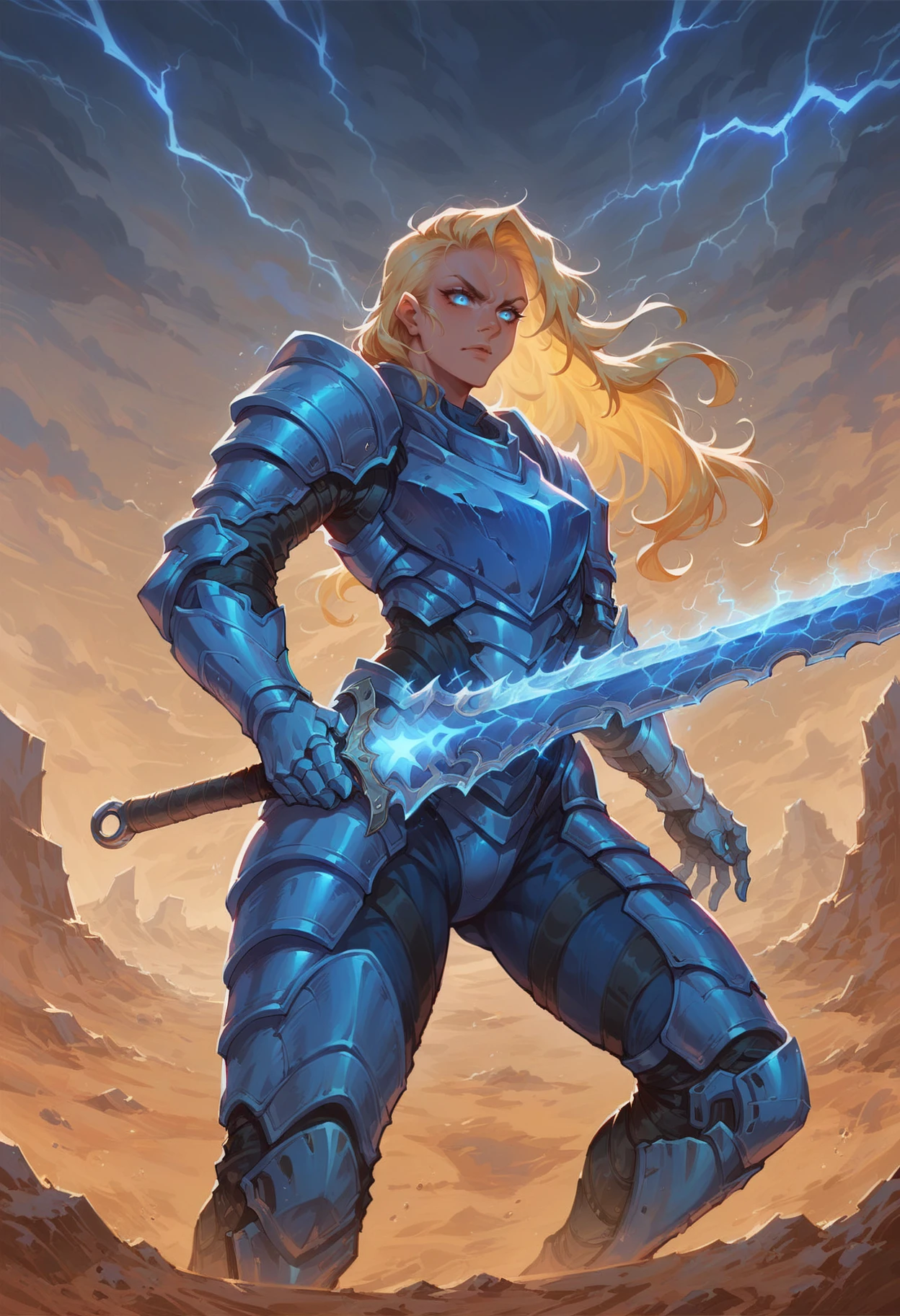 (score_9_up, score_8_up:1.2), score_7_up, 1girl, long blonde hair, shardblade, shardplate, glowing blue sword, sword, (glowing blue armor), glowing blue light, desert, storm, blue lightning, <lora:Shardplate__Shardblade:0.6>, <lora:aesthetic:4>, <lora:great_lighting:4>, <lora:RMSDXL_Enhance:2>, <lora:RMSDXL_Creative:1>, <lora:xl_more_art-full_v1:0.5>