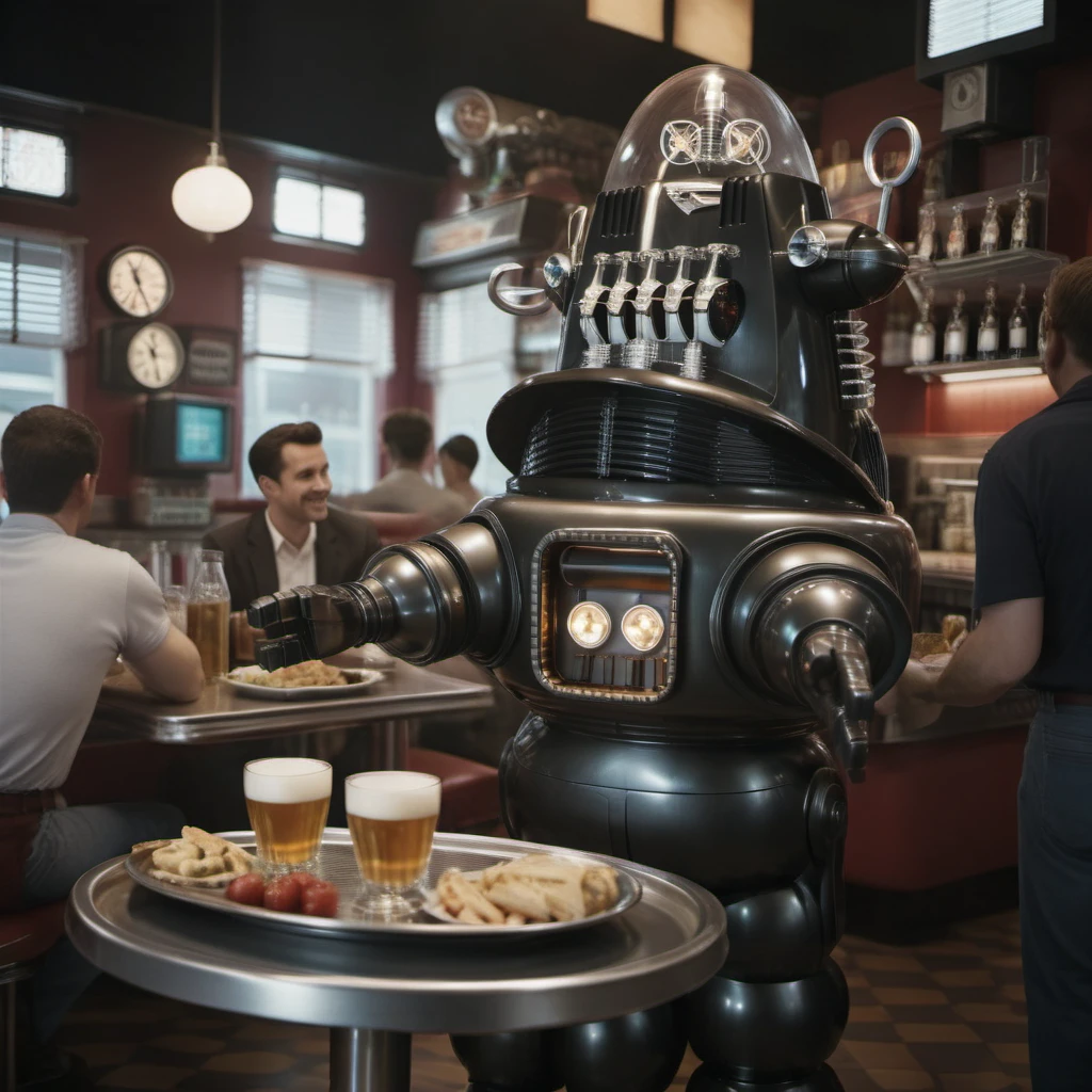 cinematic photo a robot serving with a tray in a vintage diner <lora:Robby1024:0.6> . 35mm photograph, film, bokeh, professional, 4k, highly detailed