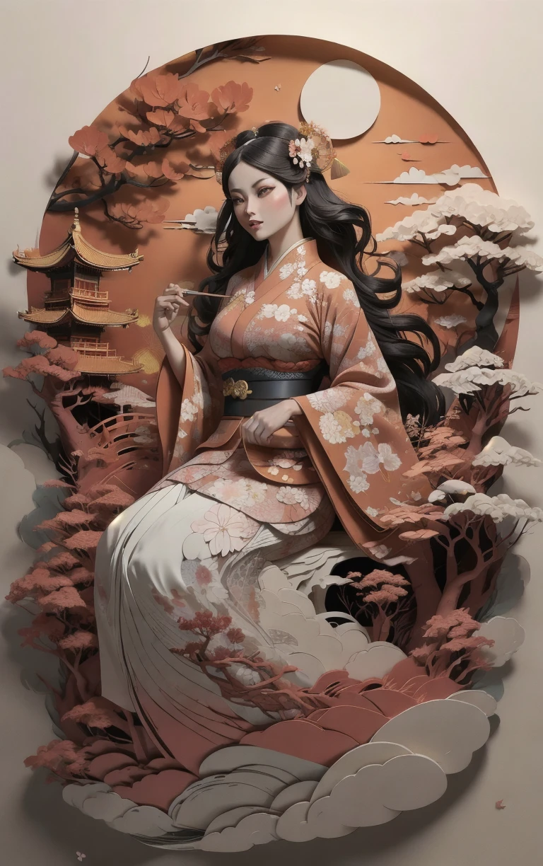 (masterpiece, best quality:1.4), insaneres, absurdres, solo, looking at viewer,BREAK 
LoConARTSTYLE_Paper_Kirigami_ownwaifu, art_nouveau, kirigami, fine art, 
1girl, solo, flower, tree, long hair, black hair, hair ornament, dress, cherry blossoms,  long sleeves, japanese clothes, chinese clothes, full body, wide sleeves, (moon), cloud, waterfall, east asian architecture, 
<lora:LoConARTSTYLE_Paper_Kirigami_ownwaifu:0.8>
,