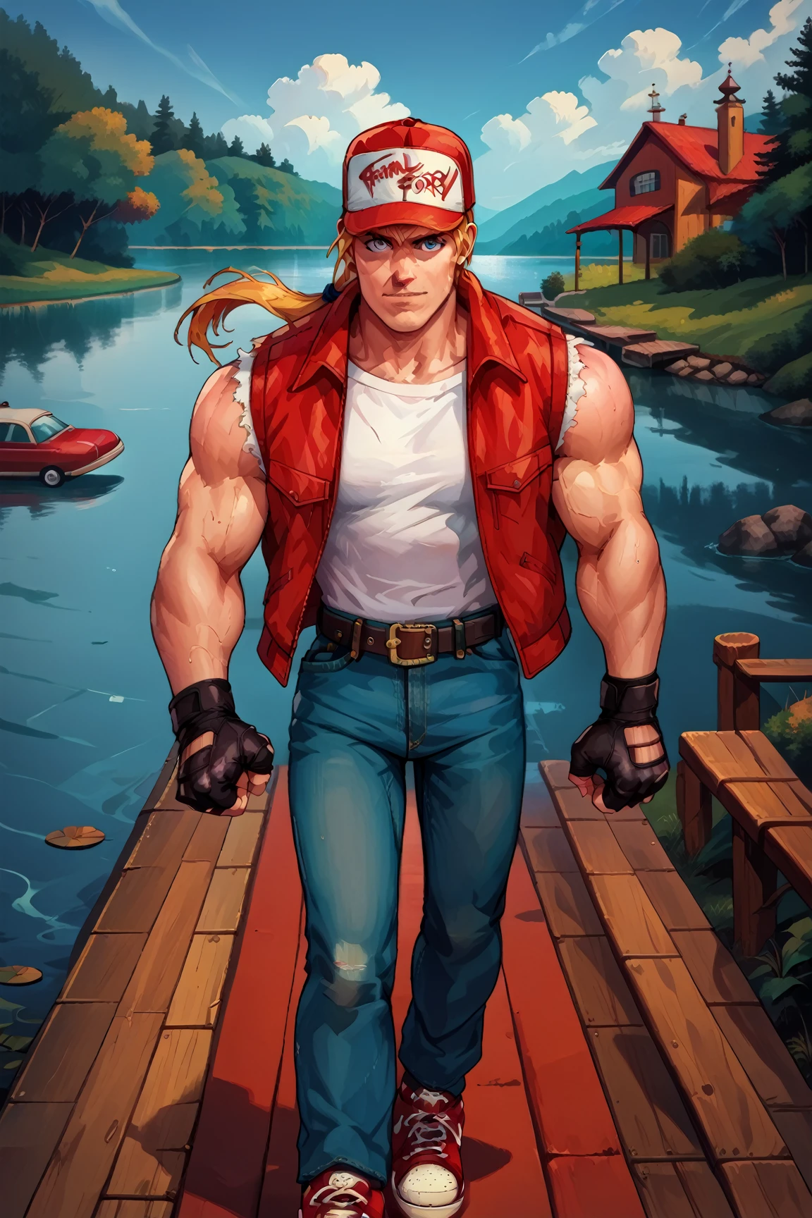 (source_anime, score_9, score_8_up, score_7_up:1), red trucker cap. red vest, white sleeveless t-shirt, blond ponytail, denim pants, red sneakers, belt, fingerless gloves, ((muscular male)), view from front, running on the pier, river, TerryBogard,masterpiece<lora:EMS-353415-EMS:1.000000>