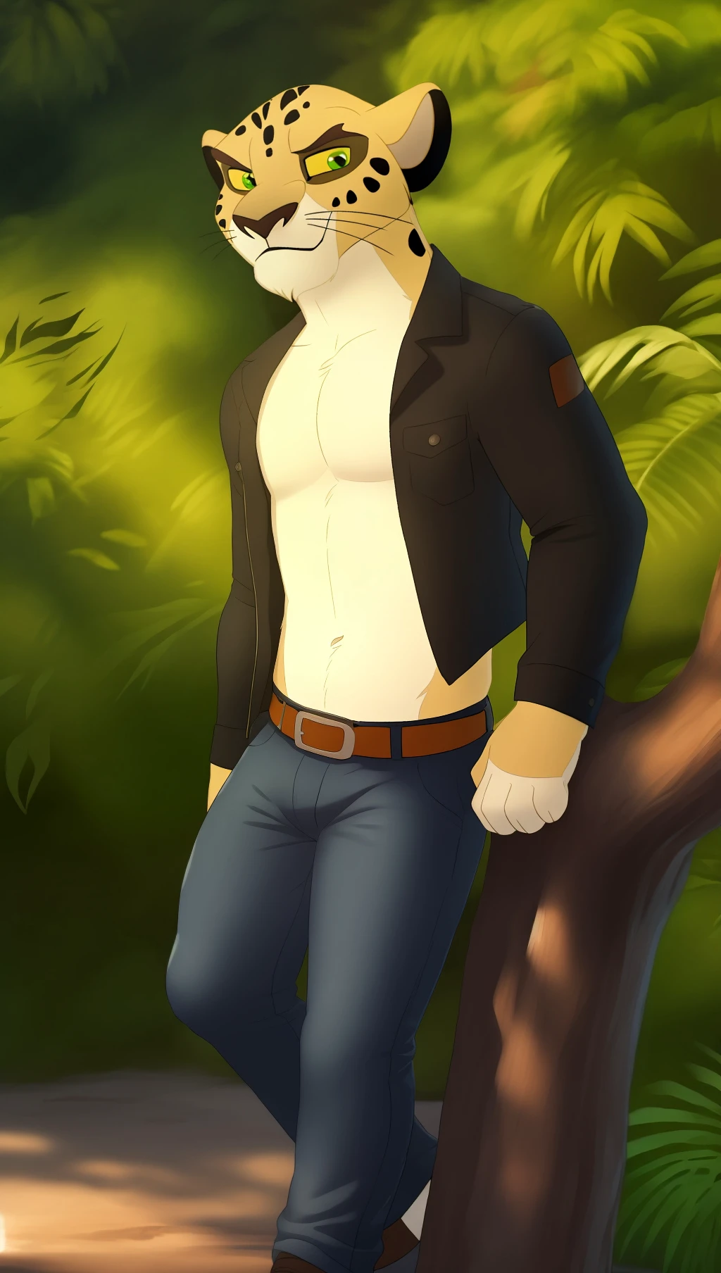 <lora:D58397CFEF:0.9> anthro, leopard, Makucha, perfect yellow sclera, perfect green eyes,, muscular, bara, (posing:1.3), (soft shading), 4k, hi res, five fingers, detailed hands, ((detailed face, (detailed eyes:1.0), detailed)), by zackarry911, by zaush, (by personalami:0.5), solo, 25 year old, looking at viewer, smile, shirt, 1boy, jungle, trees , male focus, (midriff peek: 1.3) ,  belt, pants, black jacket, denim, shorts, leaning on a tree, big paws,