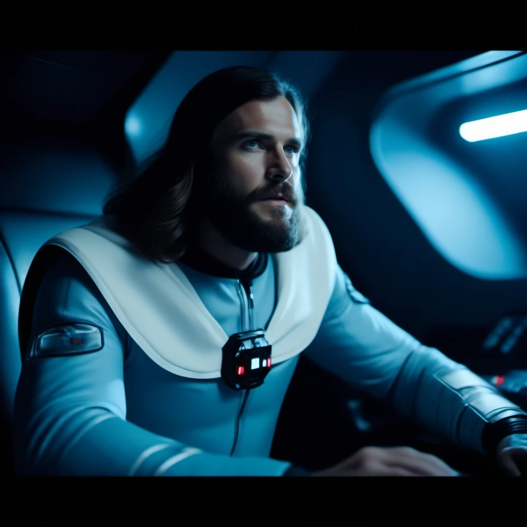 cinematic film still a full body man with long hair and a beard in a space suit with a cape, in a spaceship <lora:Ulysse31-1024_r1:0.8> . shallow depth of field, vignette, highly detailed, high budget, bokeh, cinemascope, moody, epic, gorgeous, film grain, grainy