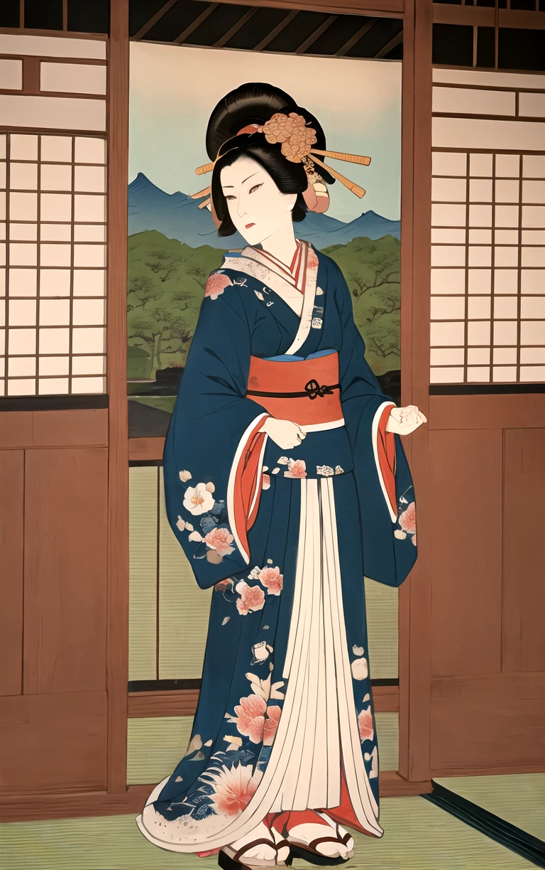 (masterpiece, best quality:1.4), insaneres, absurdres, solo, looking at viewer,BREAK 
LoConARTSTYLE_Kunisada_ownwaifu, www.ownwaifu.com,  
 fine art parody, parody, nihonga, tree, flower, painting \(medium\), indoors,  east asian architecture, 
1girl, solo,  black hair,  japanese clothes, long sleeves, hair ornament,  floral print, wide sleeves, sash, 
<lora:LoConARTSTYLE_Kunisada_ownwaifu:0.6>, depth of field,