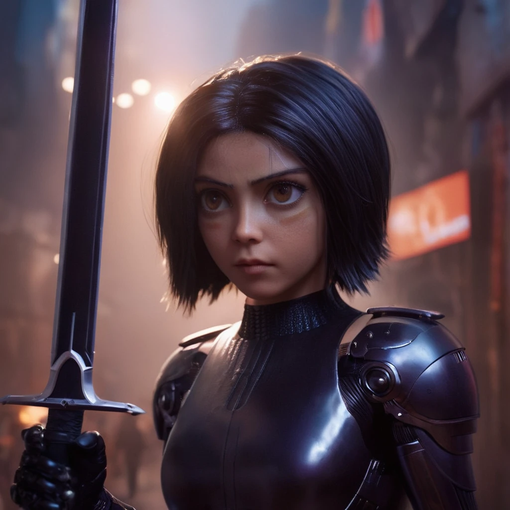 cinematic film still of  <lora:perfection style:0.9>
 <lora:Alita:1>
In futuristic 2563 Alita Ganmu a woman holding a futuristic glowing sword in front of a painting,1girl,solo,looking at viewer,short hair,brown hair,black hair,brown eyes,weapon,sword,lips,science fiction,realistic,mechanical arms,cyborg,single mechanical arm,detailed,real,different,unique,cinematic,dramatic,concept art,filmic,Battle Angel style , big eyes, shallow depth of field, vignette, highly detailed, high budget, bokeh, cinemascope, moody, epic, gorgeous, film grain, grainy