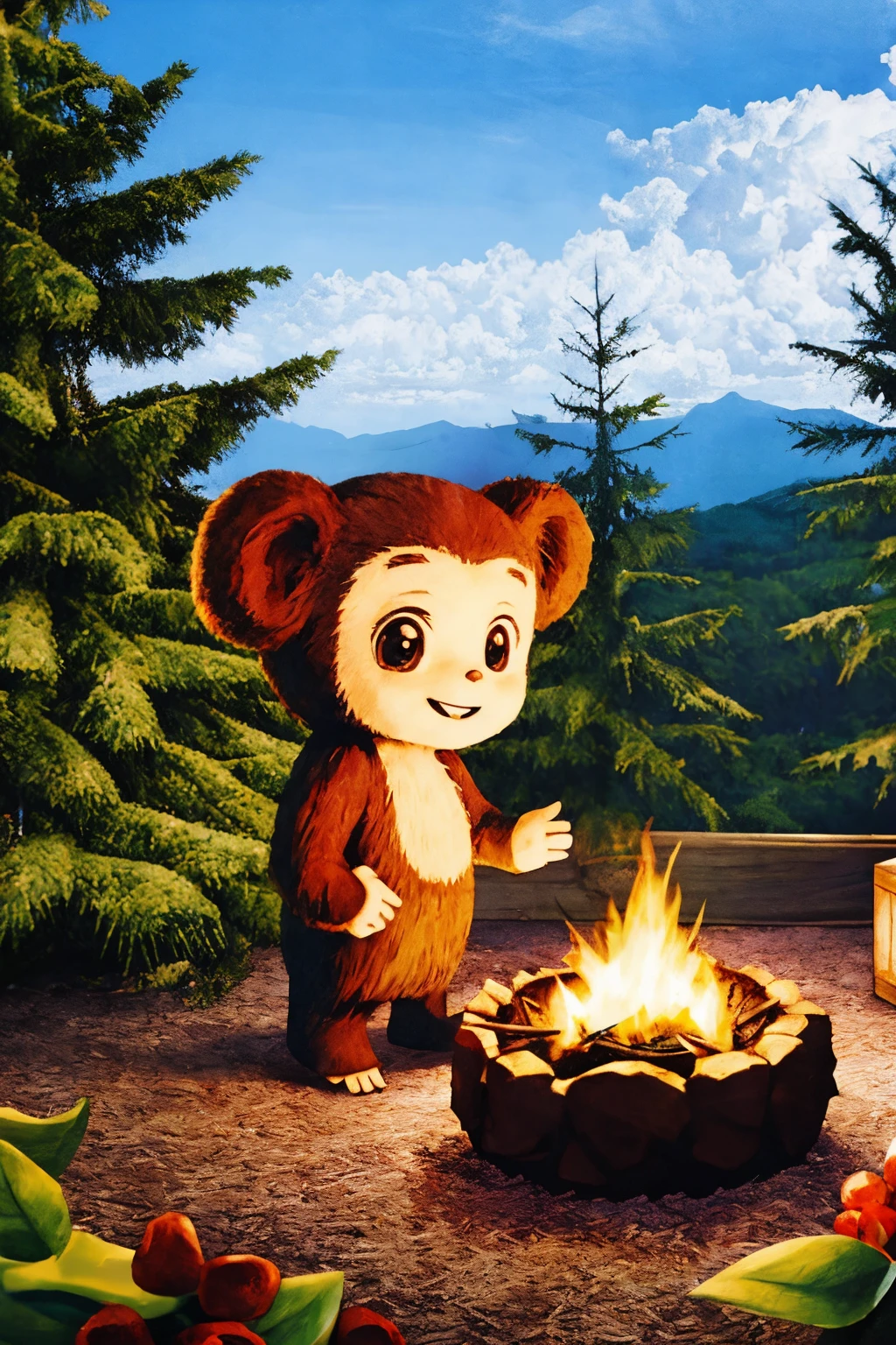 <lora:Cheburashka:0.75> cheburashka, full body, cabin, forest, campfire, indoors, arms wrapped around oneself, indicating self-comfort, light smile