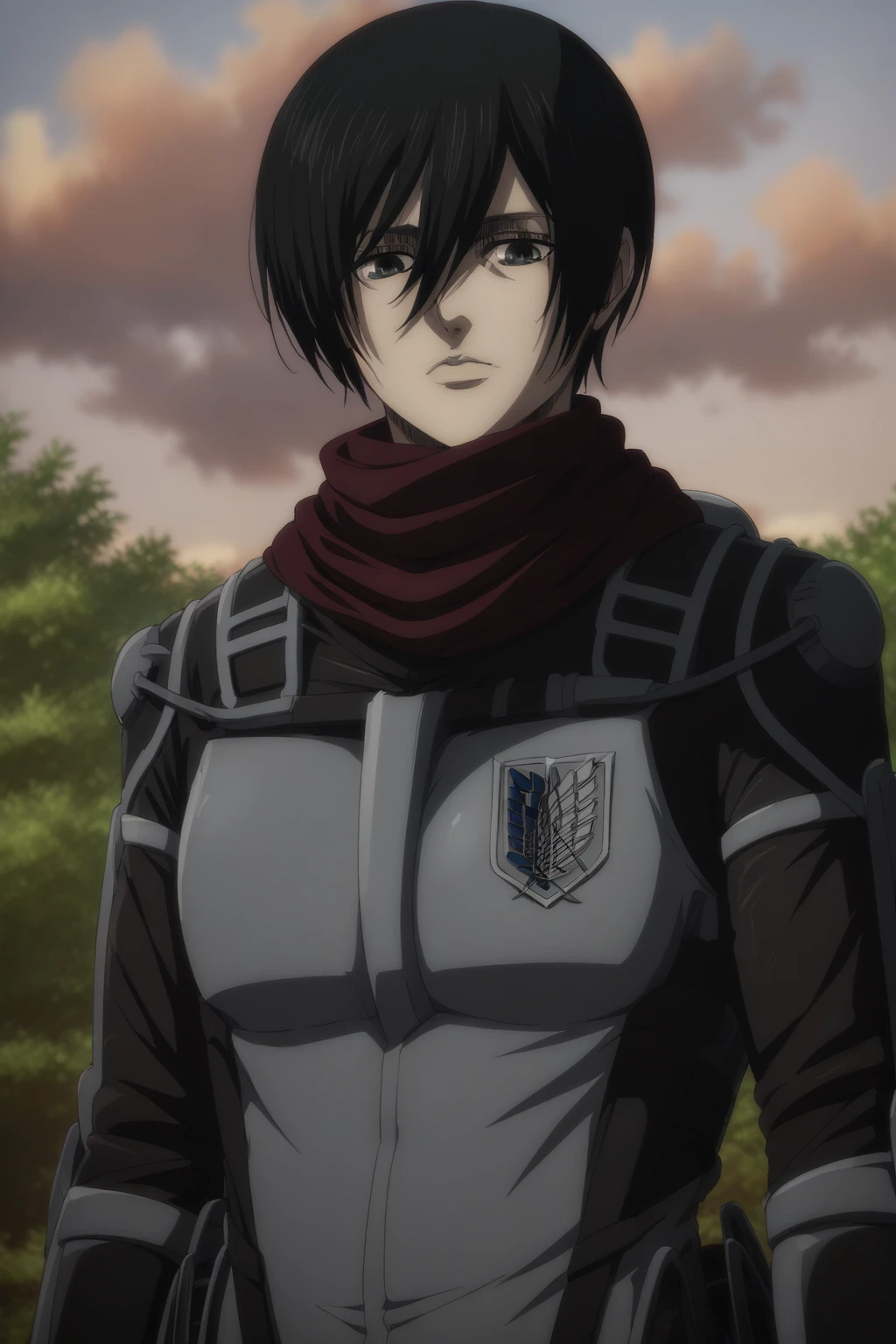 score_9, score_8_up, score_7_up, score_6_up, score_5_up, score_4_up, BREAK, source_anime,mikasa_v1, mikaa, short hair, emblem, black eyes, hair between eyes, paradis military uniform, solo, 1girl, short hair, emblem, red scarf<lora:EMS-354456-EMS:1.000000>