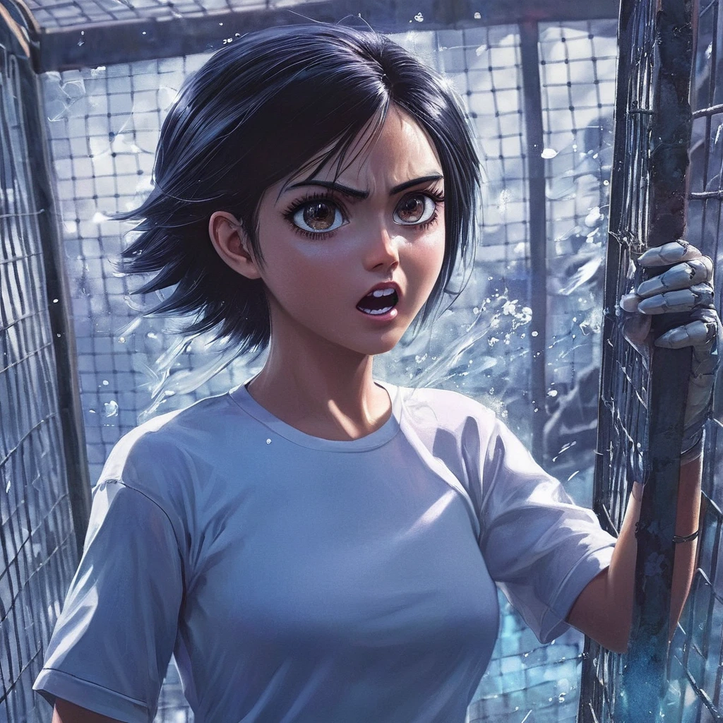 manga style art of  <lora:perfection style:0.9>
 <lora:Alita:1>
In futuristic 2563 Alita Ganmu a woman is in a caged area with a baseball,1girl,solo,looking at viewer,open mouth,shirt,black hair,teeth,water,motion blur,realistic,detailed,real,different,unique,cinematic,dramatic,concept art,filmic,Battle Angel style , big eyes, vibrant, high-energy, detailed, iconic, Japanese comic style, manga