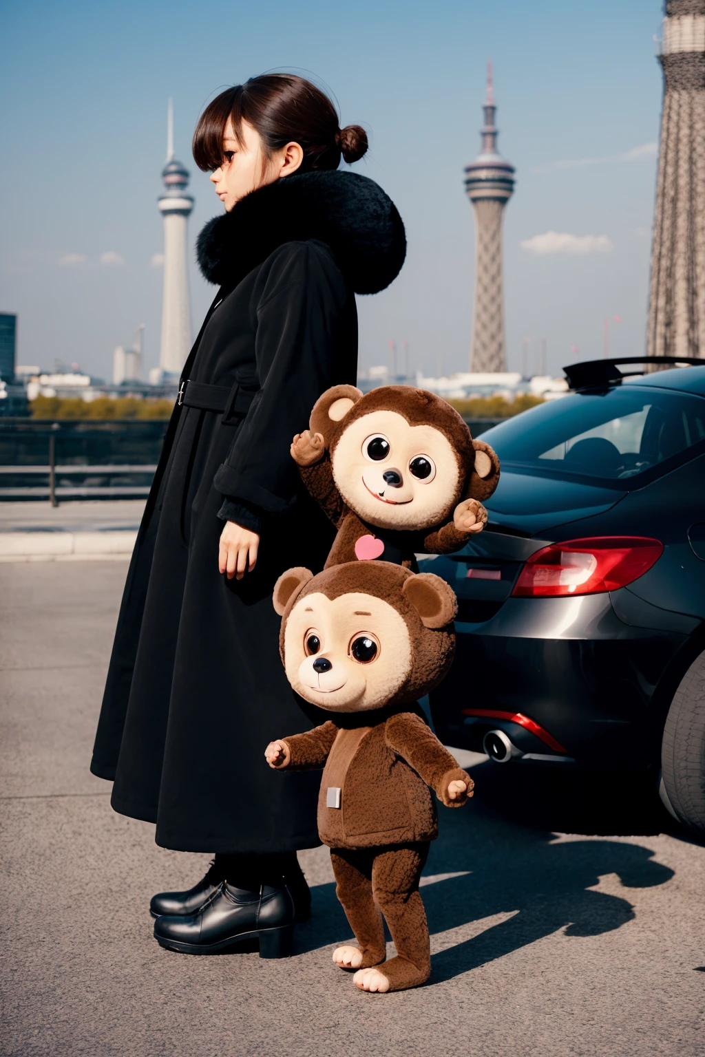 <lora:Cheburashka:0.45> (cheburashka), profile, skytree, time travel, merging into shadows for stealth, using darkness to their advantage, fur-trimmed jacket, long skirt, roof box, shy, blush