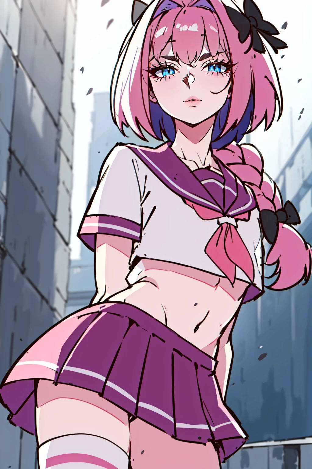 ((detailed eyes:1.2), detalied face, (dross), (solo:1.2), intricate details, ultra details, best quality, ultra quality, all focus),
(busy street, daytime),
(1boy, Astolfo, otoko no ko, long braid, pink hair, purple eyes, crossdressing,(flat chest:1.5), pink baseball cap, see-, navel_piercing, tattoos, arm tattoo, womb tattoo, white thigh highs, white sailor collar),
(penis, cock, large penis, testicles, large testicles, erection),
CFemboy, <lora:CFemboy:0.7>,