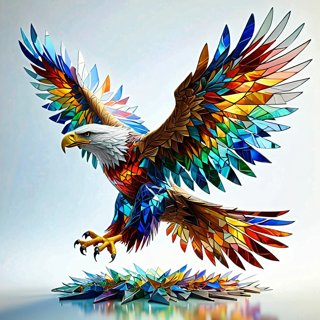 an eagle made of colorful shattered glass, detailed, realistic, mystical, fantasy