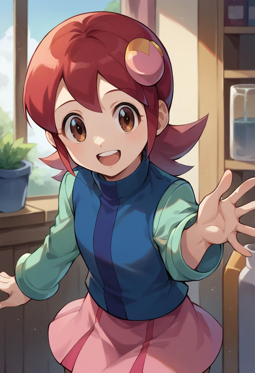 score_9, score_8_up, score_7_up,
<lora:RollexeMaylSakuraiPonybyRR-10:1>, mayl_sakurai_(mega_man), short hair, hair ornament, long sleeves, blue vest, pink skirt, pleated skirt, brown eyes, red hair,
1girl, solo, smile, open mouth,
cowboy shot, indoors, lab,
