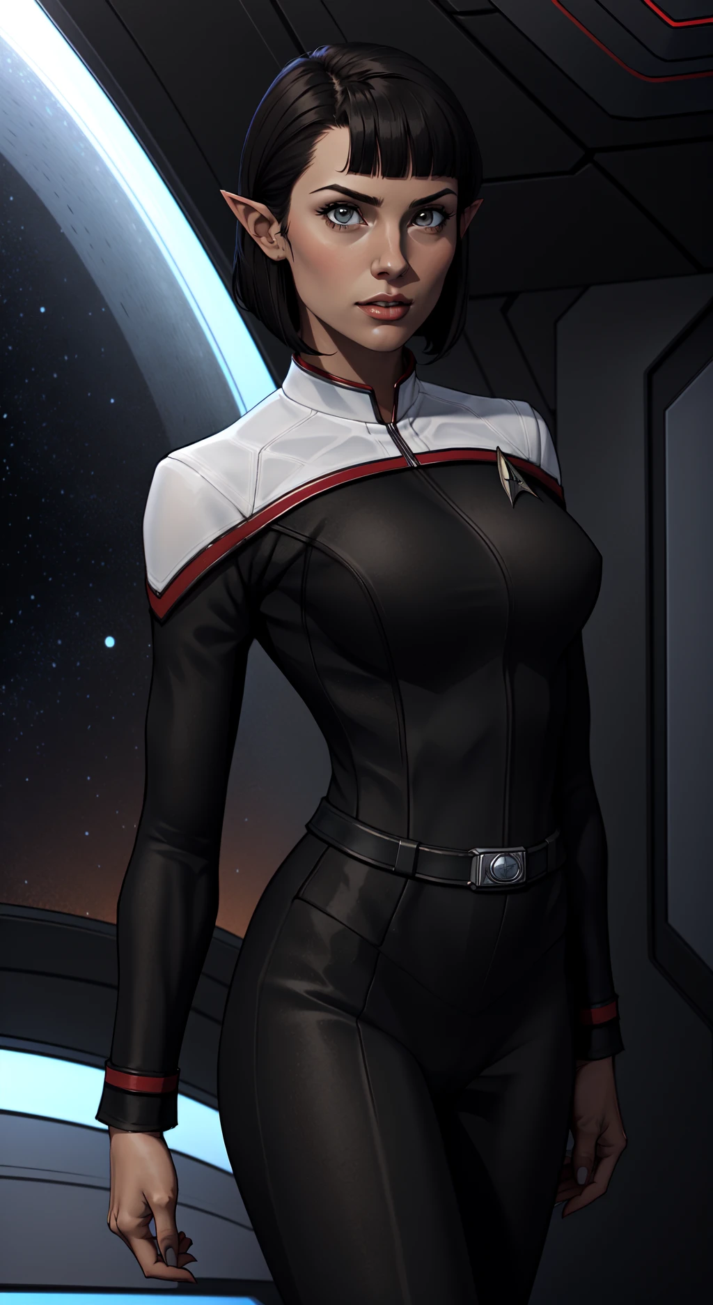 side (bob haircut1:1), vulcan girl, star trek , wearing a Stoddunf<lora:OdysseyUnf:0.8>, pointy ears,